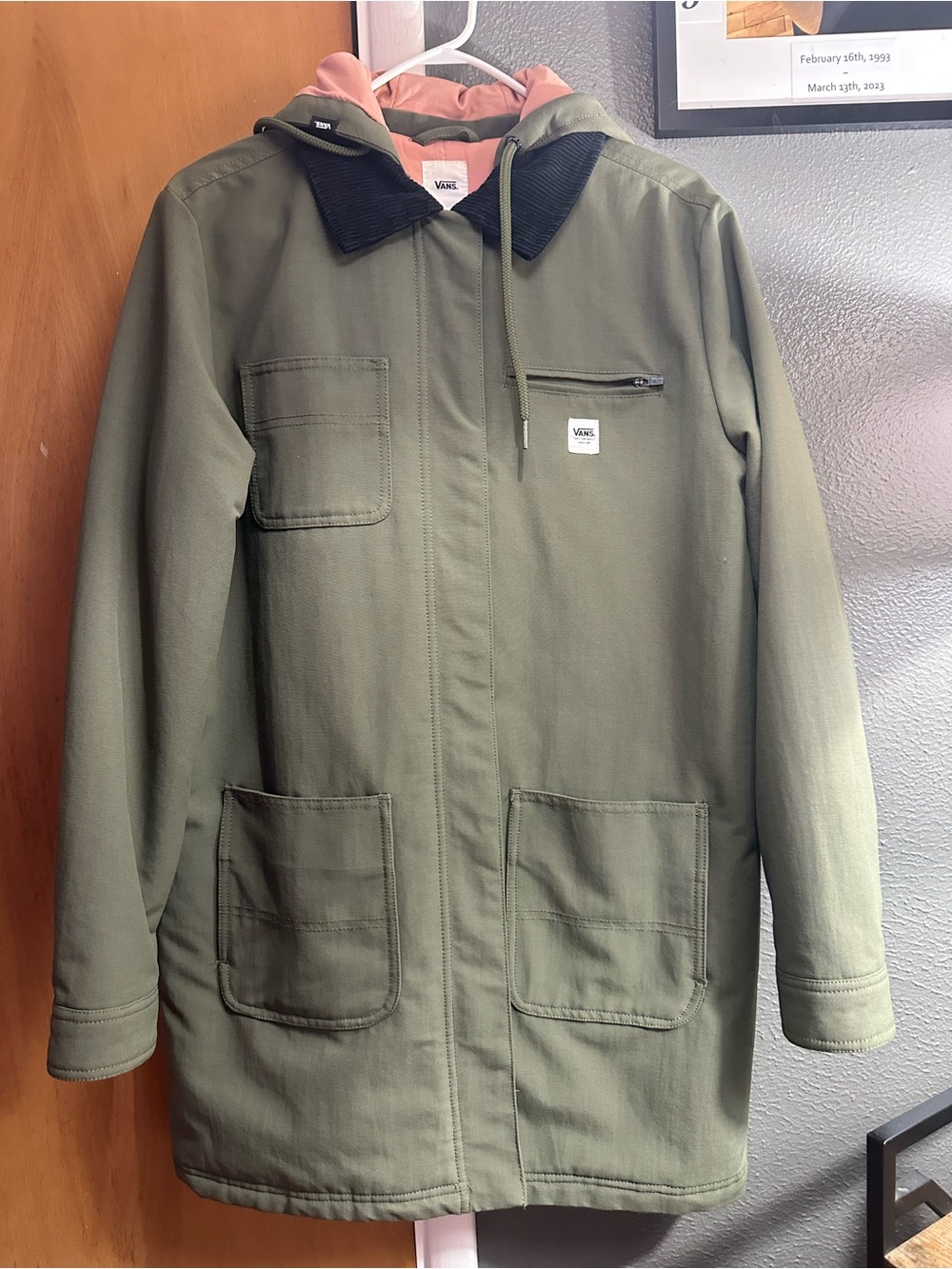 Vans Olive Green Hooded Field Jacket with Pink Hood Lining